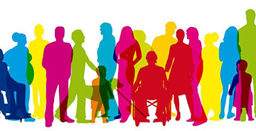 Silhouettes of people in colorful hues.