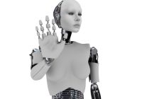 A robot woman holding her hand up like she is stopping someone.