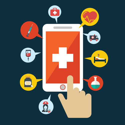 Illustration of a smart phone with health related icons surrounding it. A hand touches the screen.