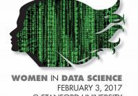 Women in Data Science. February 3, 2017 @ Stanford University. Profile of women made up of green data screen.