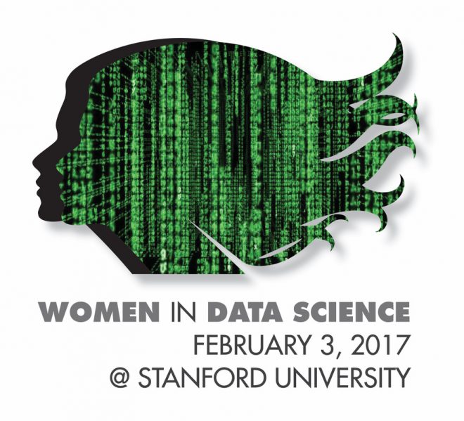 Women in Data Science. February 3, 2017 @ Stanford University. Profile of women made up of green data screen.