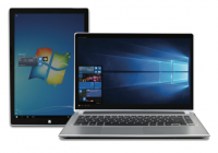 Tablet and laptop show Windows 10 logo.