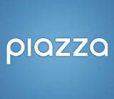 Piazza logo, white word on light blue background.