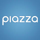 Piazza logo, white word on light blue background.