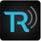 TR logo: Blue TR on black background with grey soundwaves.