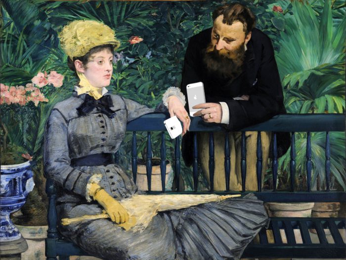 Impressionist painting of late 1800's man and woman holding iPhones.