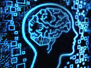 Blue & black screen image of human brain.