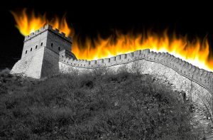 BW image of the Great Wall of China in flames.