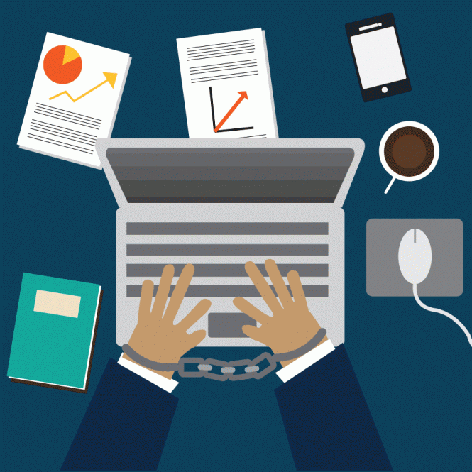 illustration of chained hands working at computer