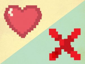 "Pixelated" illustration with heart and large X.