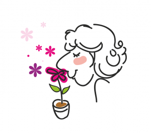 Cartoon illustration of woman smelling flowers.
