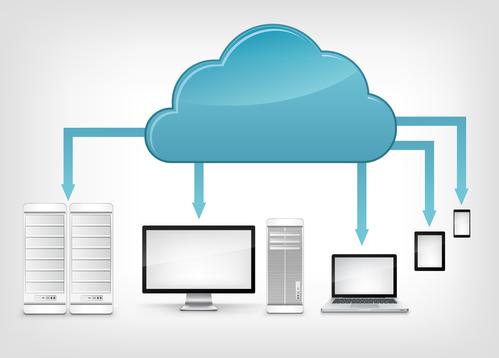 Illustration of blue could over various devices.