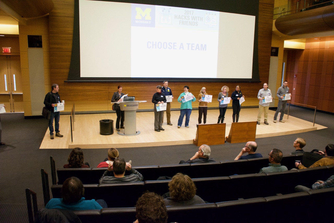 Team leaders take the stage to represent their ideas and solicit teammates at Hacks With Friends 2017