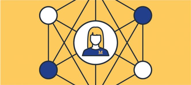 Illustration of a woman in a U-M shirt connected by many nodes in a web