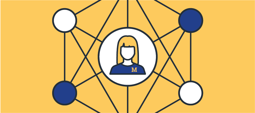 Illustration of a woman in a U-M shirt connected by many nodes in a web