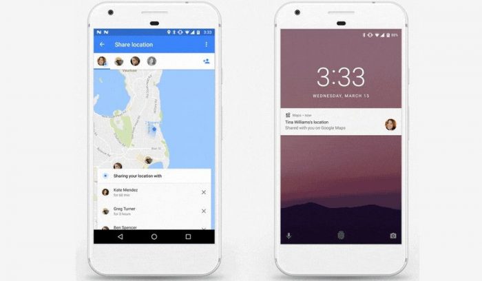 Screenshots of two phones showing Google Maps location sharing interface.