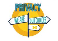 Illustration of signpost on yellow and orange circle background. Headlint: Privacy. 3 arrow signs: We are--our choices--Block M logo.