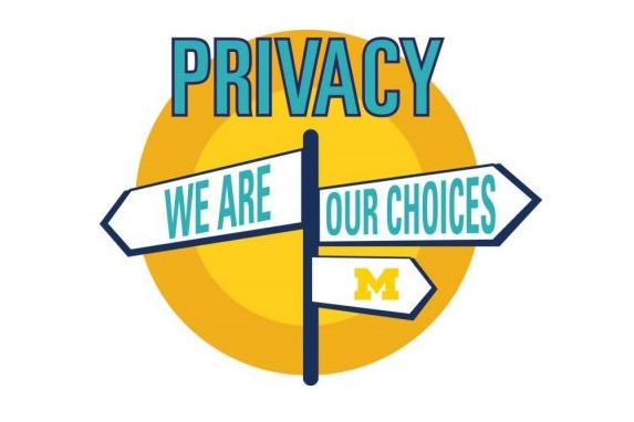 Illustration of signpost on yellow and orange circle background. Headlint: Privacy. 3 arrow signs: We are--our choices--Block M logo.