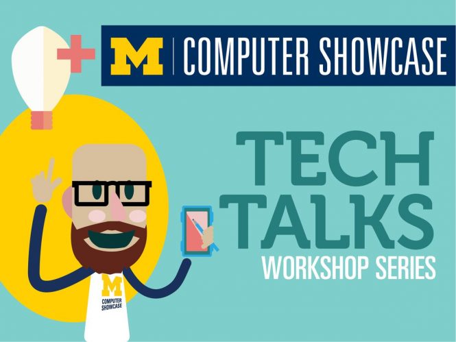 Illustration of bearded man with glasses holding a smartphone, with a lightbulb above his head. "Computer Showcase. Tech Talks. Workshop Series."
