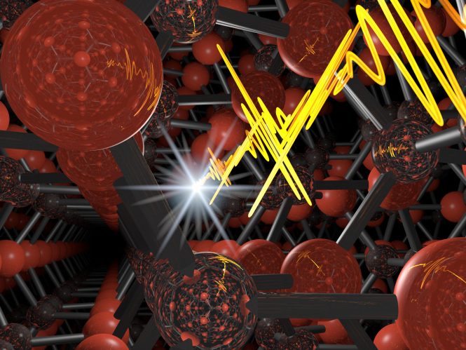 Illustration of semiconductor with laser light pulsing through it.