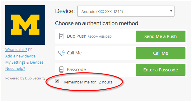 Duo interface with "Send me a push" and "Remember me for 12 hours" options selected.