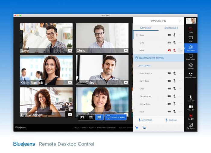 A screenshot of the BlueJeans app interface with multiple remote participants interacting in a videoconference