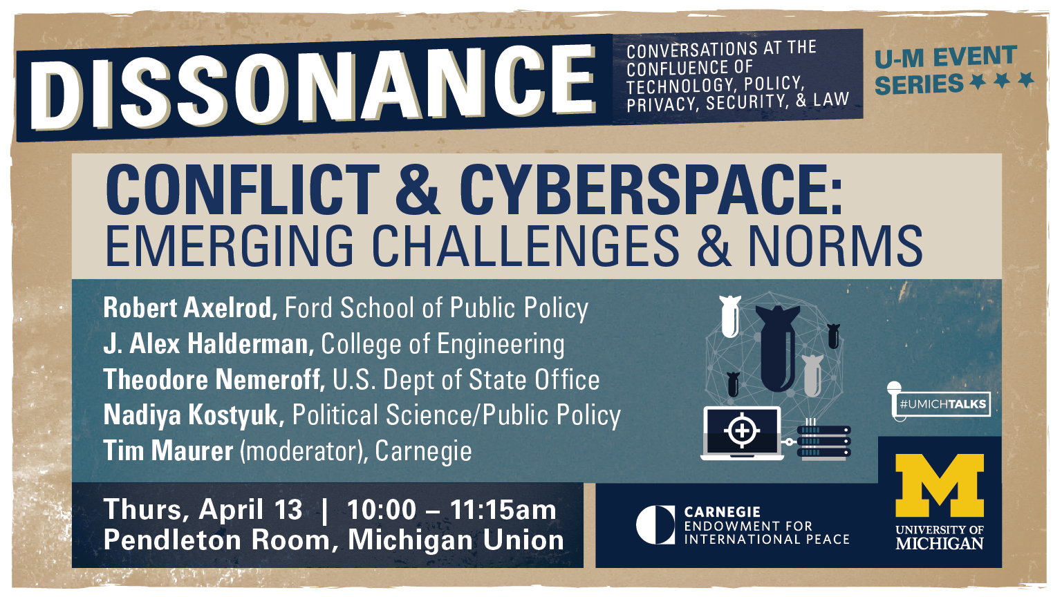 Graphic with information about Dissonance: Conflict & Cyberspace event