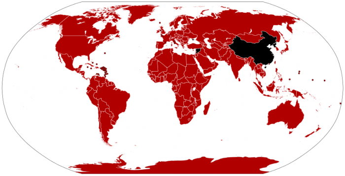 global map showing Netflix in most countries except China, N. Korea & Syria.