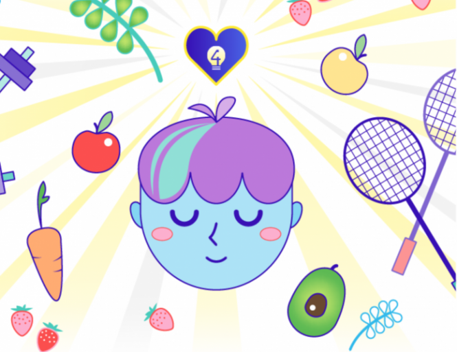 Illustration of smiling face surrounded by images of fruits, vegetables, sporting equipment