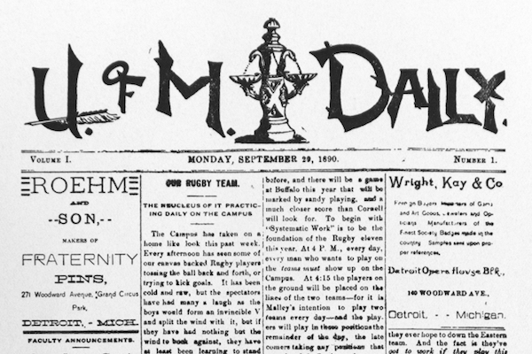 Front page of the first issue of the of the "U of M Daily," September 29, 1890.