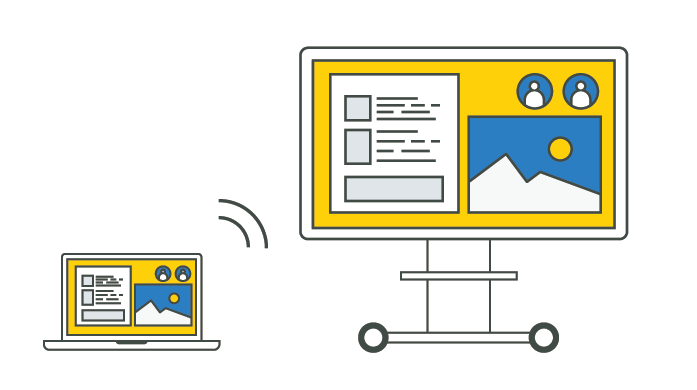 An illustration of a laptop sharing screen content to a larger, nearby display on a rolling cart