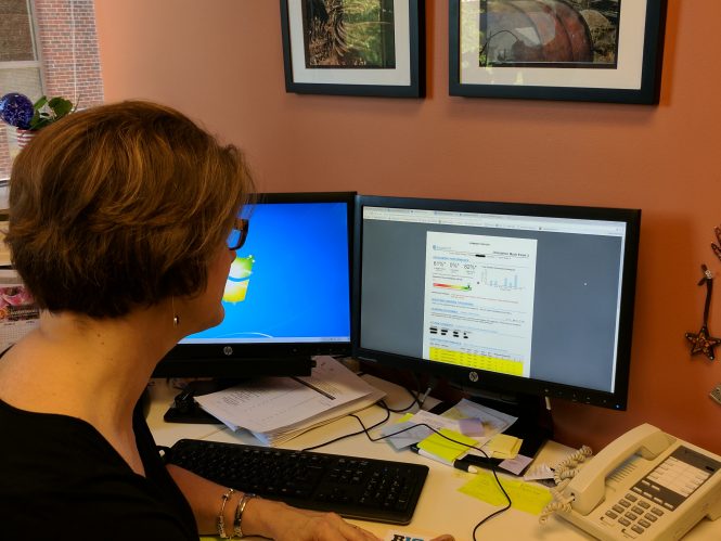 A woman interacts with ExamSoft at her computer