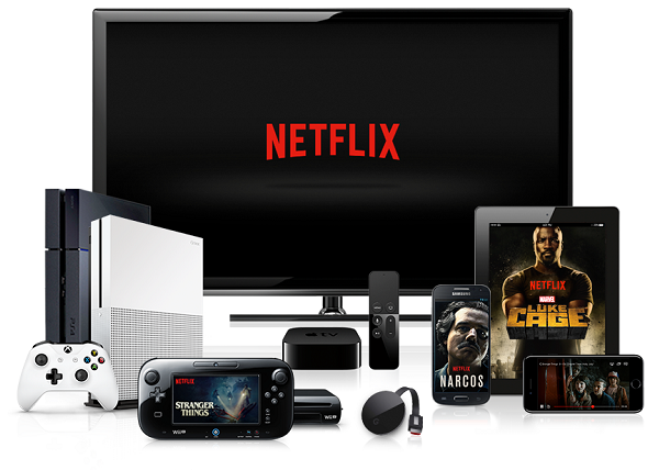 Netflix logo on TV surrounded by multiple devices
