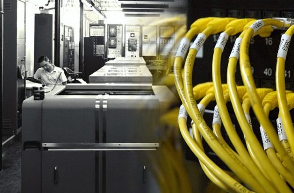 BW historical image of computer room blended with color image of yellow ethernet cables.