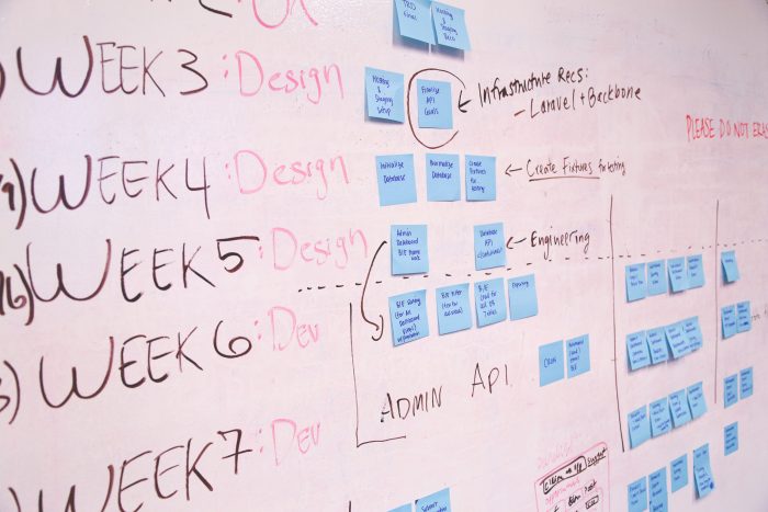 A whiteboard shows the complexity of rapid software development with milestones like design and implementation