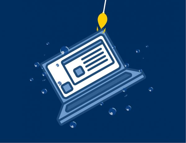 An illustration of a submerged laptop computer caught on a fishhook