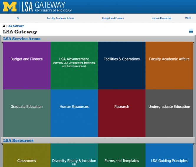 Colorful tiles are pictured in a graphical user interface for the new LSA Gateway website