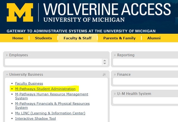 wolverine access screenshot with student admin option highlighted