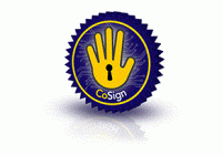 badge with outspread hand with keyhole in palm, cosign