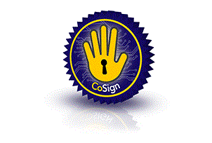 badge with outspread hand with keyhole in palm, cosign