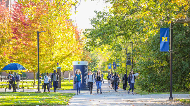 fall campus with walking students