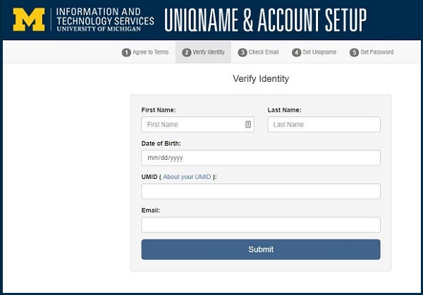 screenshot of uniqname creation interface