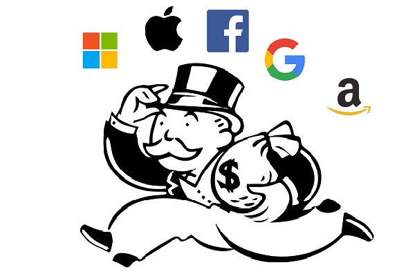 Monopoly rich man character holding money bags surrounded by tech logos