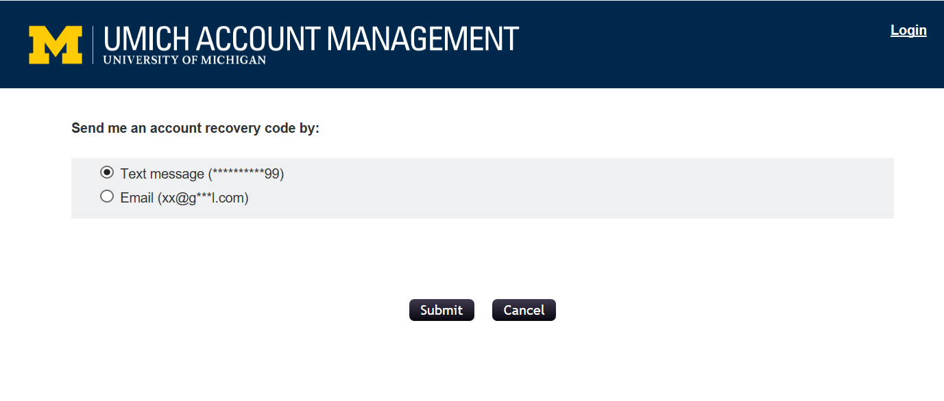 UMICH Account Management screen. Text: Send me an account recovery code by: Text Message; Email