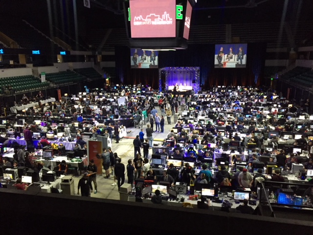 Hundreds of people play video games at the EMU Convocation Center.