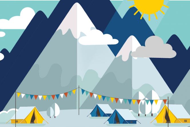 mountain range with camp in the foreground