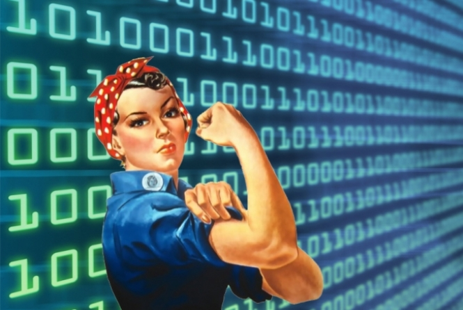 Rosie the Riveter over a digital BG