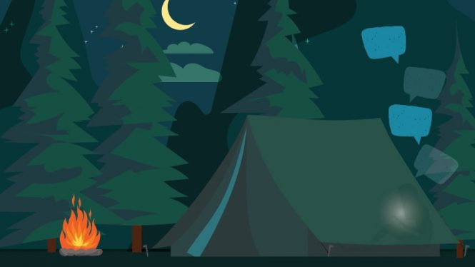 night scene in forest with tent and campfire