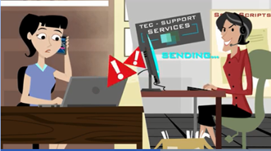 confused woman on phone talking to tech support scammer