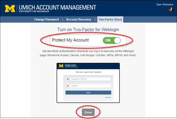 screenshot of Account Management interface to turn on two-factor